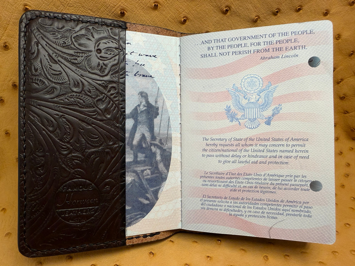 Passport Cover with Large Rear Pocket - Horween Euro Cavalier, Western Floral